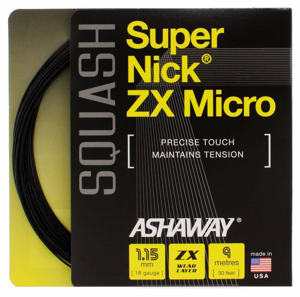 Ashaway supernick (9m) ZX micro, 1.15mm Squash bespanning Ashaway Zwart 