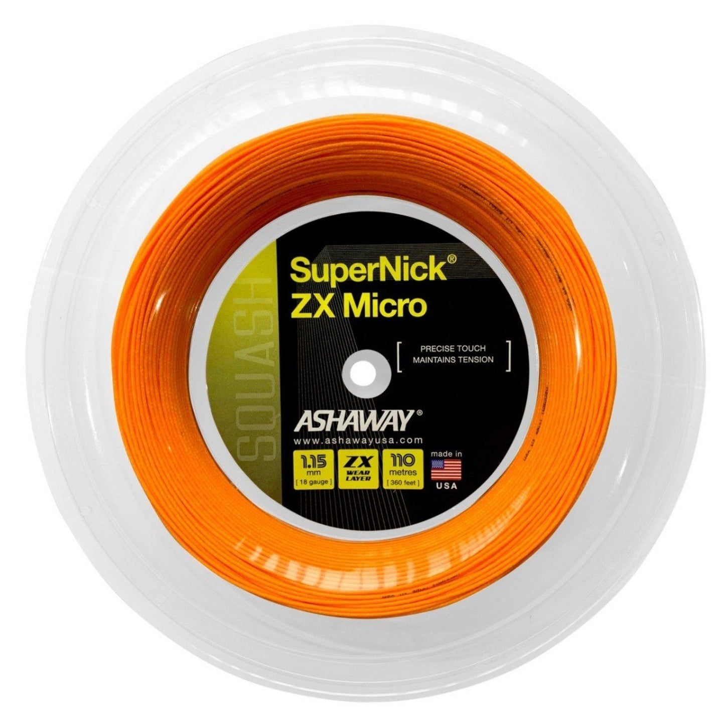 Ashaway supernick (110m) ZX micro, 1.15mm Squash bespanning Ashaway Oranje 